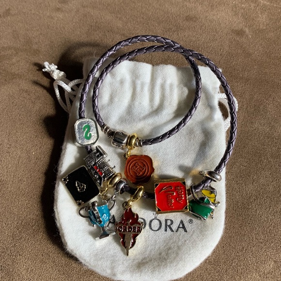 Pandora Purple Leather Bracelet Wrap Around Twice Necklace 9 Harry Potter Charms - Picture 3 of 13